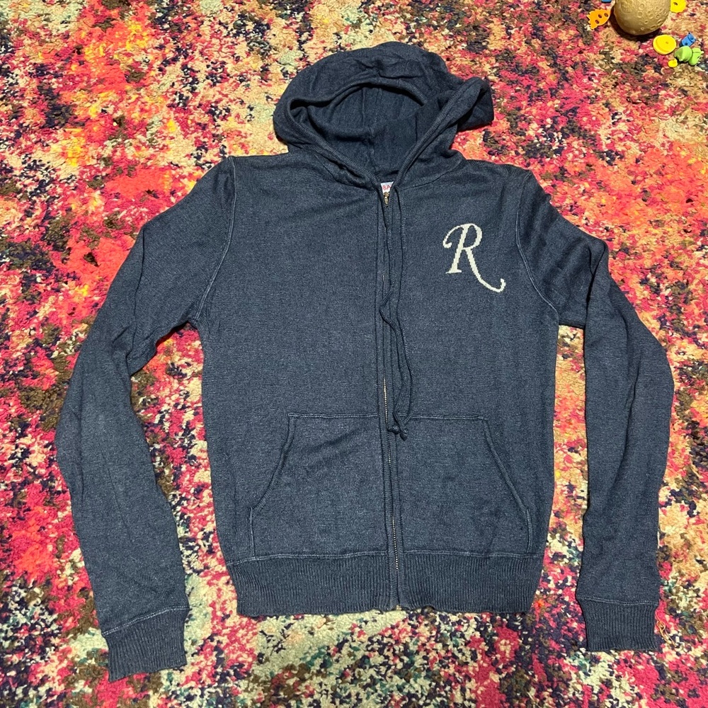 Acrobat Navy Blue Zip-Front Hoodied Cashmere Silk Blend Sweater S